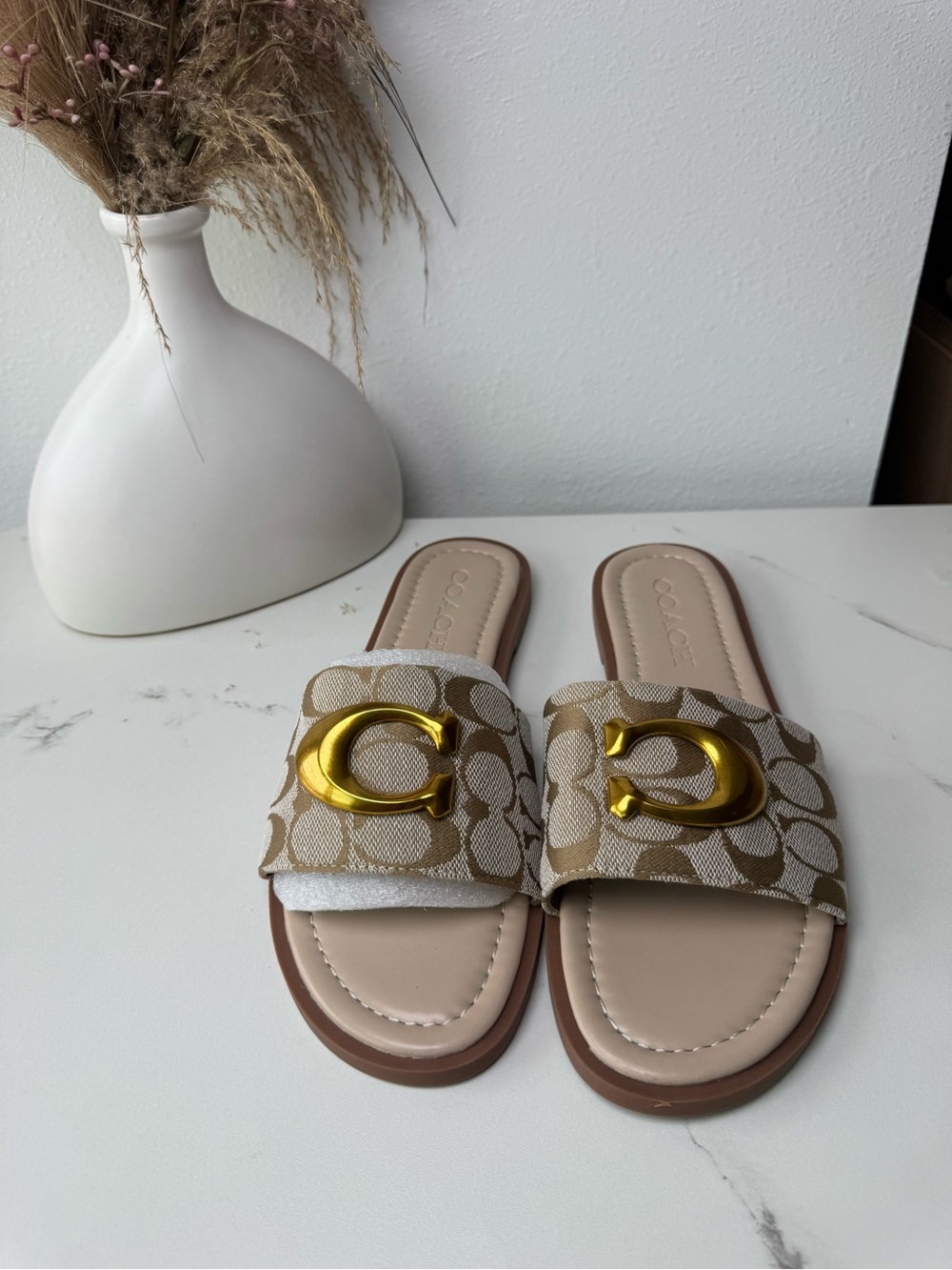 Coach Beige Signature Canvas Slide Sandals with Gold 'C' Accent